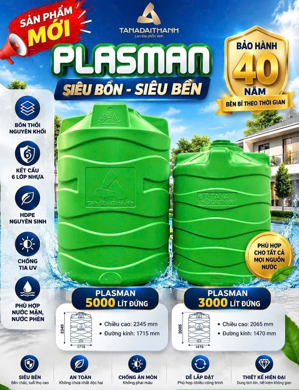 Téc nước 3 khối xanh lá plasman siêu bền tân á đại thành 6 lớp bảo hành 40 năm giao miễn phí