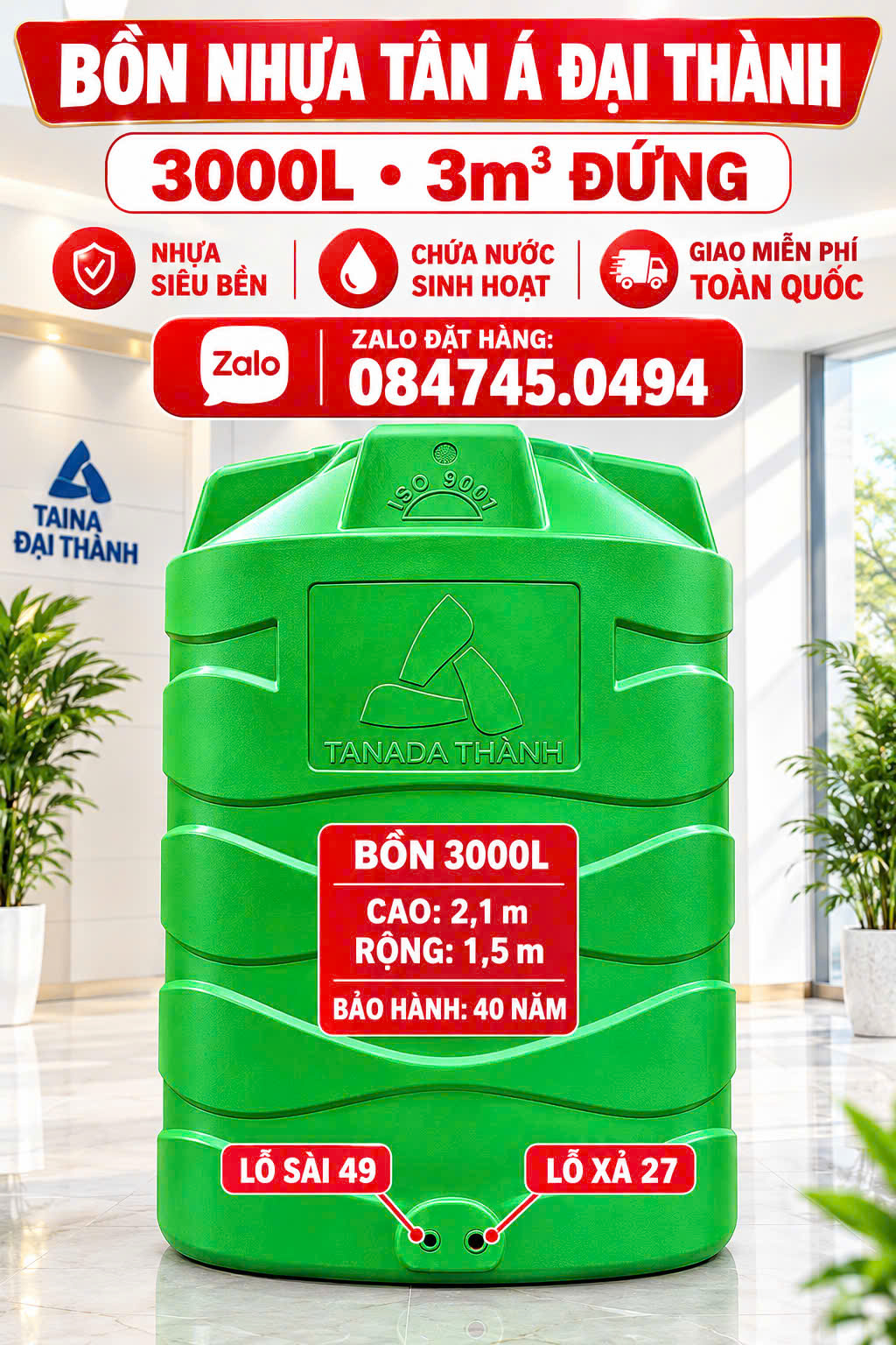 Téc nhựa plasman xanh lá 3000 lít đứng siếu bên 6 lớp tân á đại thành
