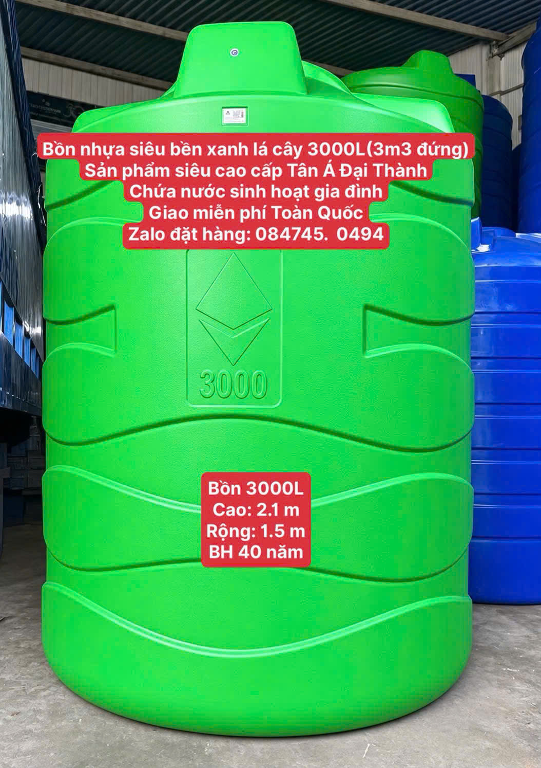 Bồn nhựa tân á đại thành 3000 lít 3m3 đứng plasman xanh lá tốt nhất hiện nay