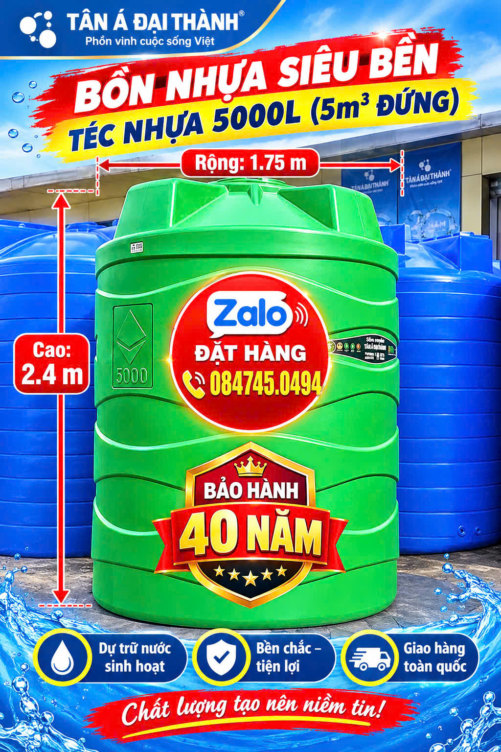 Bồn nhựa chứa nước mua 5 khối 5000l đứng xanh lá plasman chính hãng bảo hành 50 năm