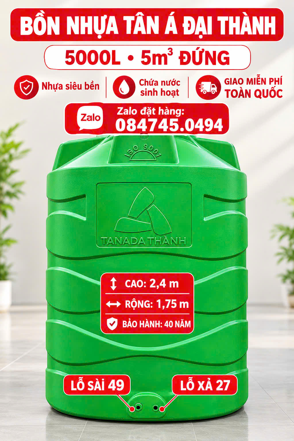 Bình nhựa 5 khối đứng chính hãng tân á đại thành siêu bền nhất hiện nay bảo hành 40 năm