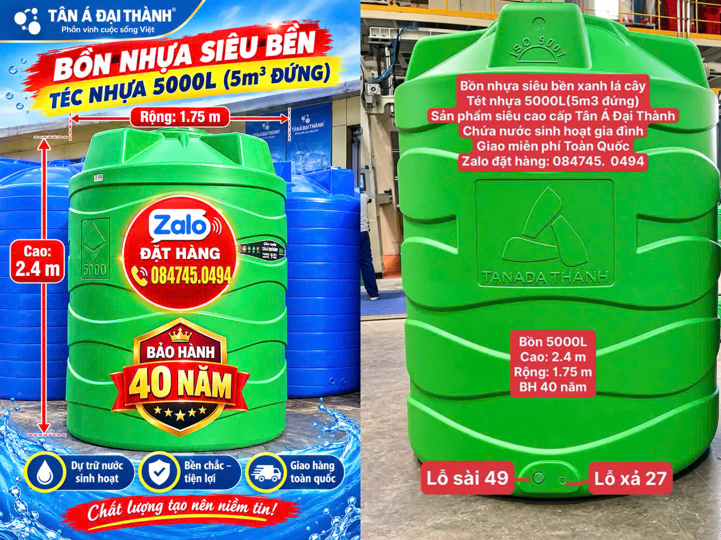 Bình nhựa 5000L Téc nước 5 khối Tét nhựa 5m3 đứng Tân Á Đại thành xanh lá plasman 6 lớp bảo hành 40 năm