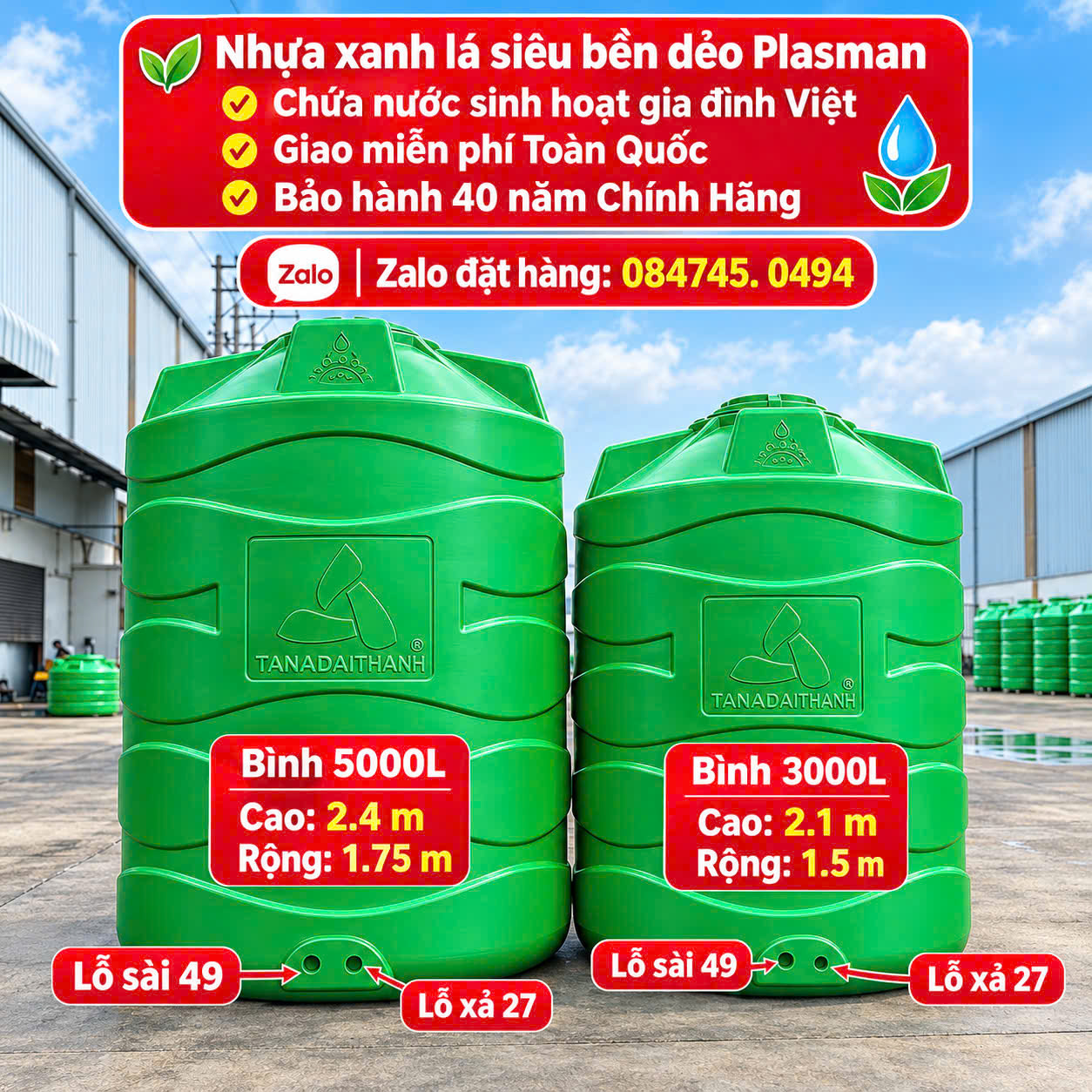 Bồn nhựa đại thành 5000 lít- Bình nhựa 5000L Téc nước 5 khối Tét nhựa 5m3 đứng Tân Á Đại thành xanh lá plasman 6 lớp bảo hành 40 năm
