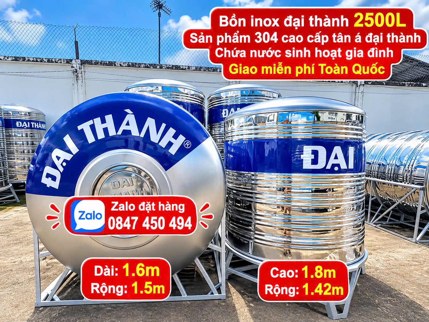 Bồn inox đại thành 2500L 2500 lít đứng nằm Bình inox 2,5 khối Tân Á Đại Thành BH 12 năm Tét nước 2500 lít inox 304 cao cấp Thùng inox 2500L đứng và nằm