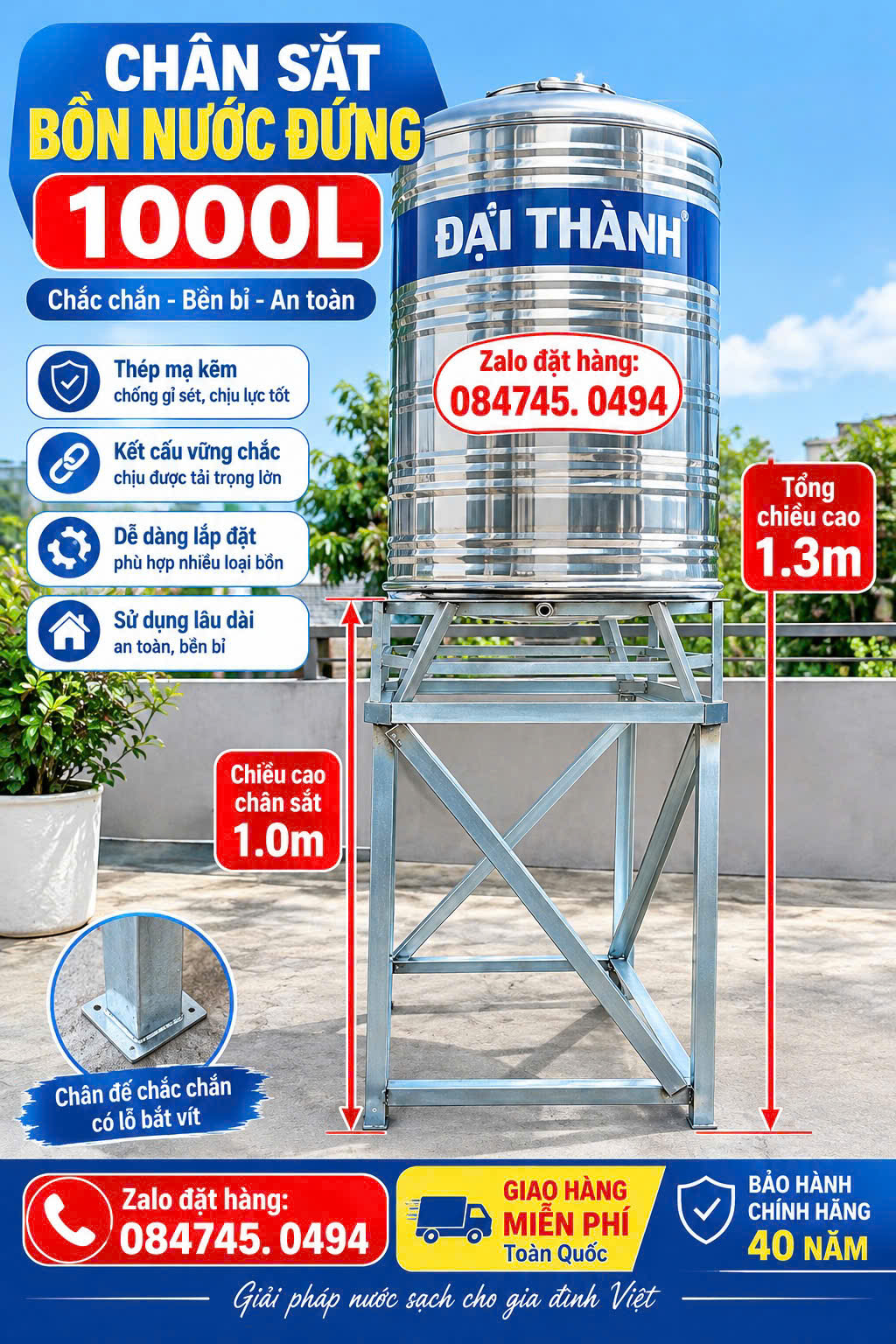 Chân sắt cao 1m 1m2 1m5 2m Bán chân bồn nước inox , bán chân bồn cao cho máy nước nóng mặt trời