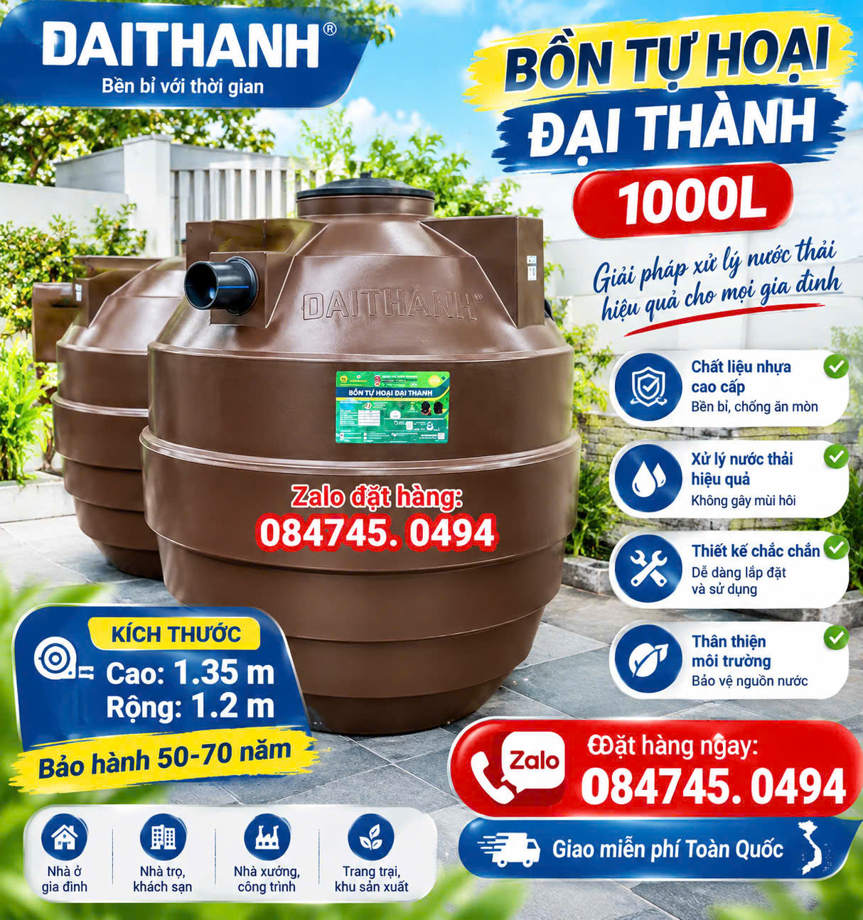 Hầm phân 1 khối tân á đại thành BỒN TỰ HOẠI 1000L ĐỨNG – GIẢI PHÁP VỆ SINH HIỆN ĐẠI, TIẾT KIỆM CHI PHÍ