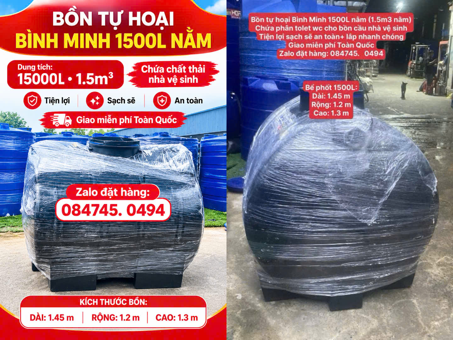 Bể phốt nhựa 1500 lít nằm ngang Bình Minh Bồn tự hoại 1500 lít nằm