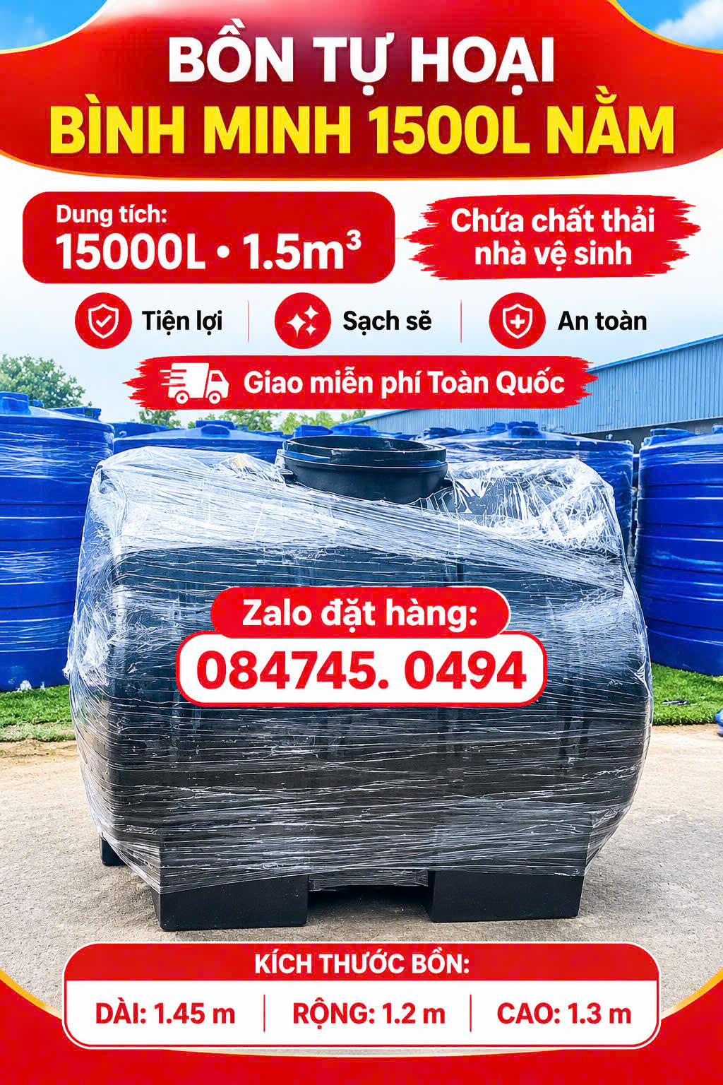 Bồn tự hoại 1500 lít nằm Bình Minh cao cấp Bể chứa phân cho bồn cầu nhà vệ sinh tolet giao miễn phí