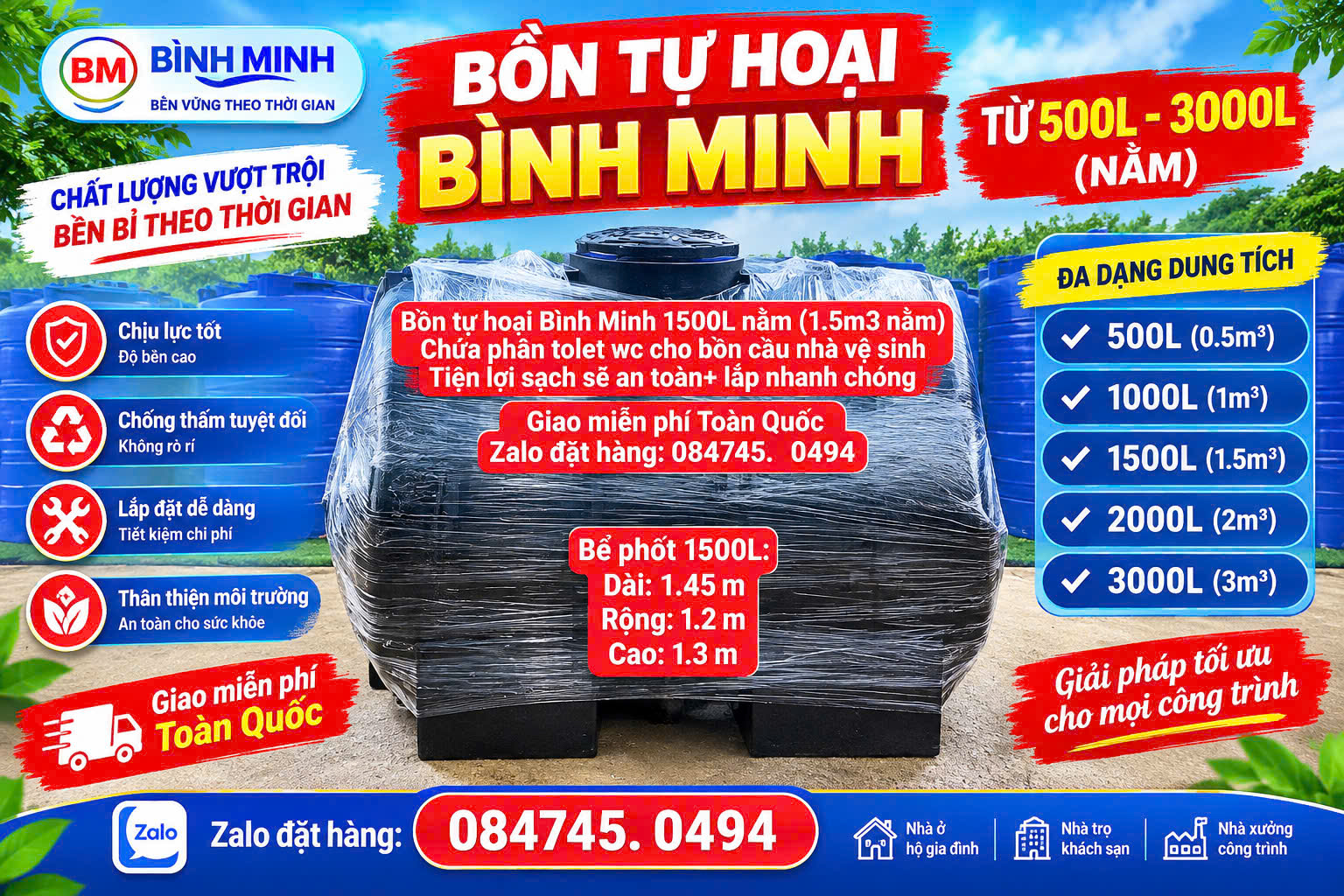 Hầm phân tolet 1500L 1500 lít nằm ngang- Bể phốt nhựa 1,5 khối nằm ngang Bình Minh Bồn tự hoại 1500 lít nằm Bình Minh cao cấp Bể chứa phân cho bồn cầu nhà vệ sinh tolet giao miễn phí