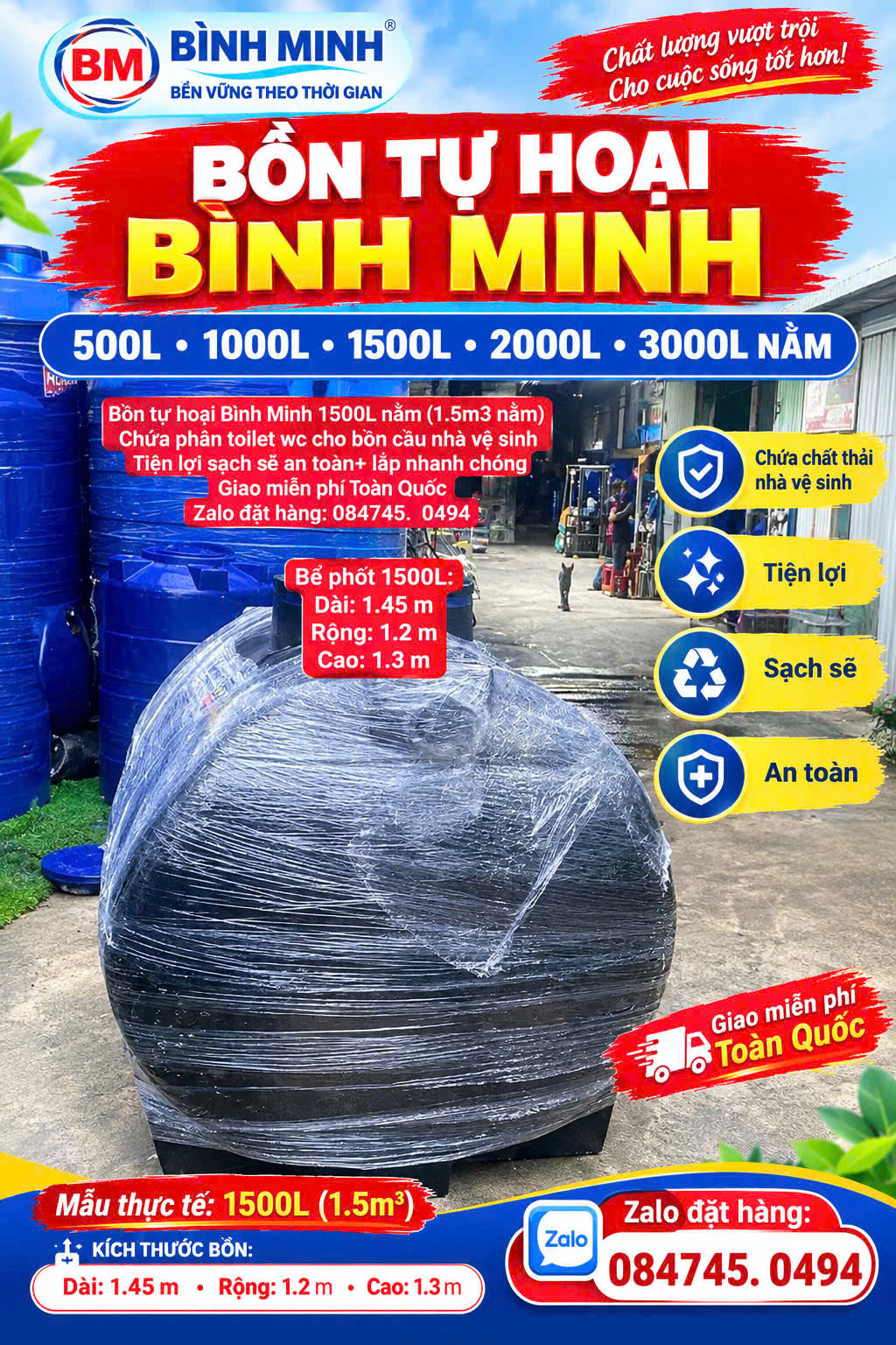 Bể phốt nhựa 1,5 khối nằm ngang Bình Minh Bồn tự hoại 1500 lít nằm Bình Minh cao cấp Bể chứa phân cho bồn cầu nhà vệ sinh tolet giao miễn phí