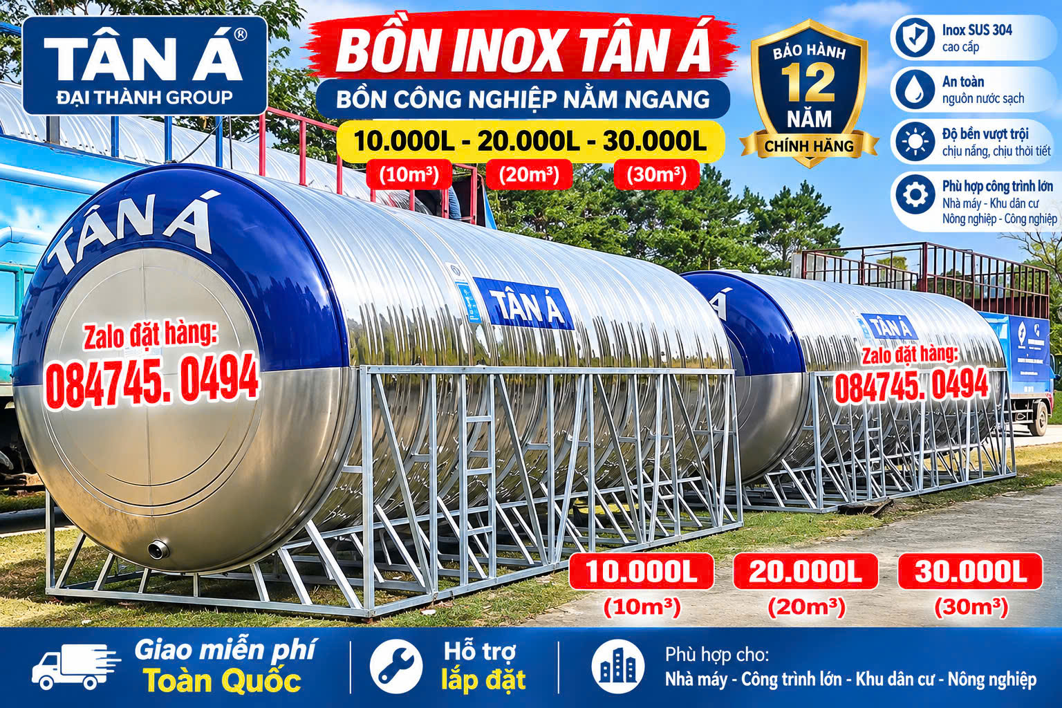 Bồn nước công nghiệp 20000l ngang 20.000L nằm 20 khối nằm- Bồn inox 304 Tân á 20000L nằm chính hãng cao cấp-Tét nước inox chính hãng Tân Á Đại thành 20000 lít nằm giao miễn phí
