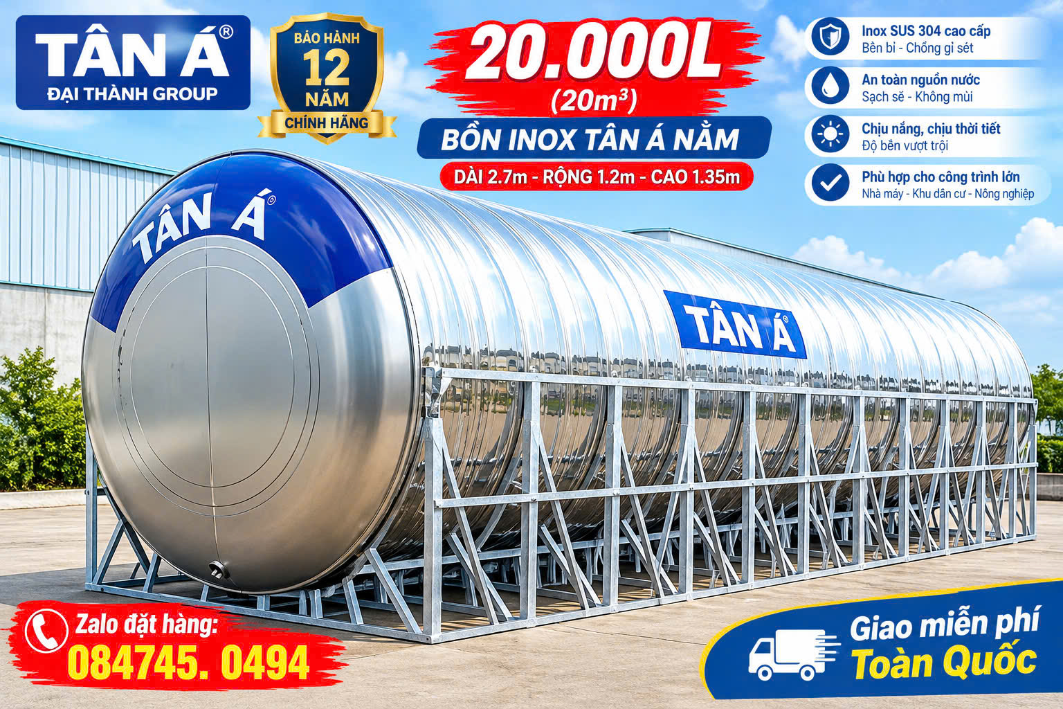 Bồn inox 304 Tân á 20000L nằm chính hãng cao cấp-Tét nước inox chính hãng Tân Á Đại thành 20000 lít nằm giao miễn phí