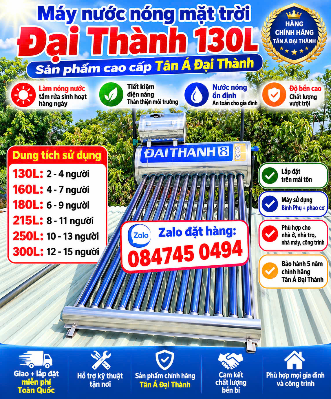 MÁY NƯỚC NÓNG NĂNG LƯỢNG MẶT TRỜI ĐẠI THÀNH 130L 130 lít cho gia đình 2-5 người sử dụng– CAO CẤP CHÍNH HÃNG TÂN Á ĐẠI THÀNH Bảo hành 5 năm cho nhà Sài nước máy nhà nước