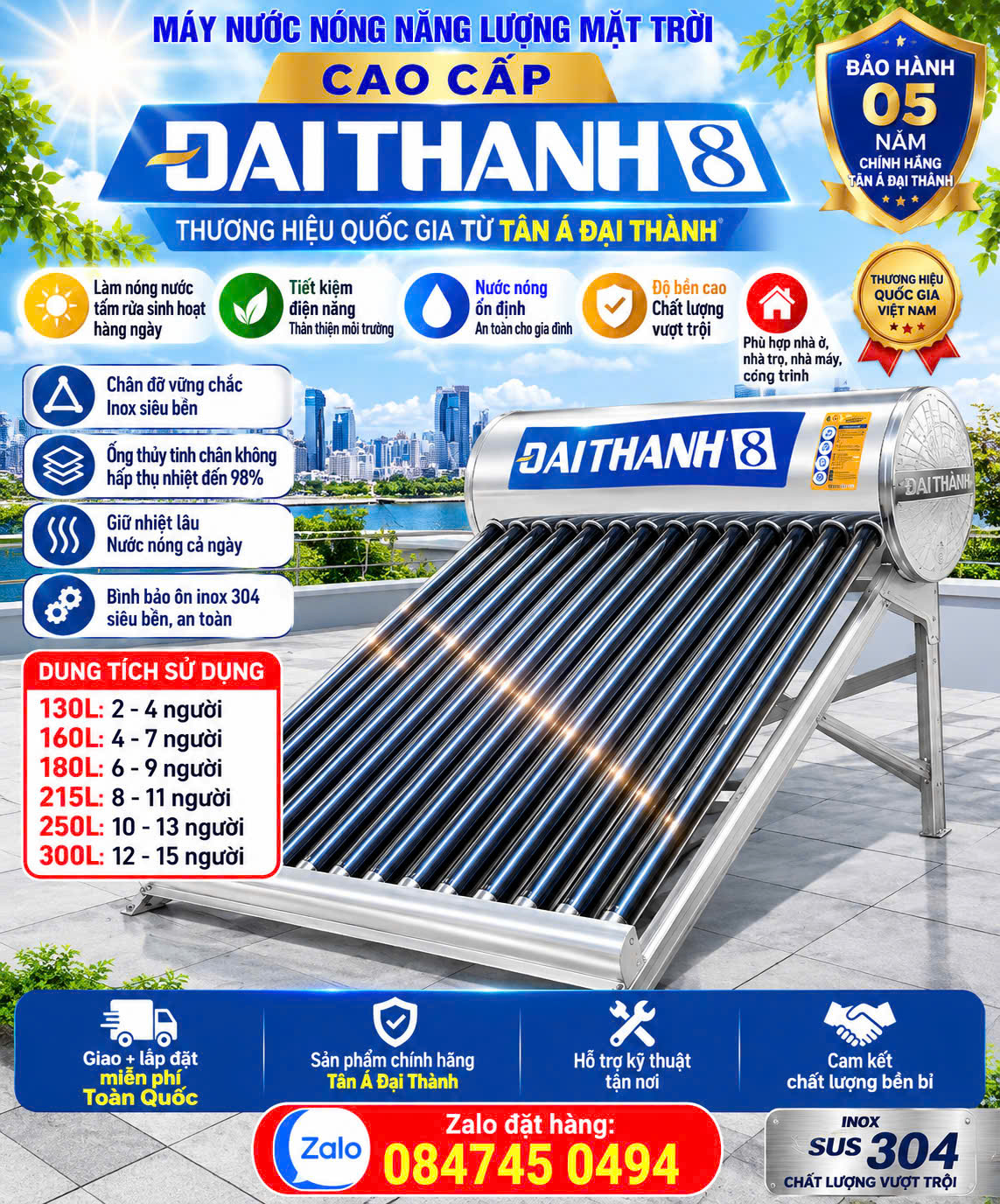 Máy nước nóng mặt trời tân á đại thành chính hãng bảo hàng 5 năm giao miễn phí toàn quốc