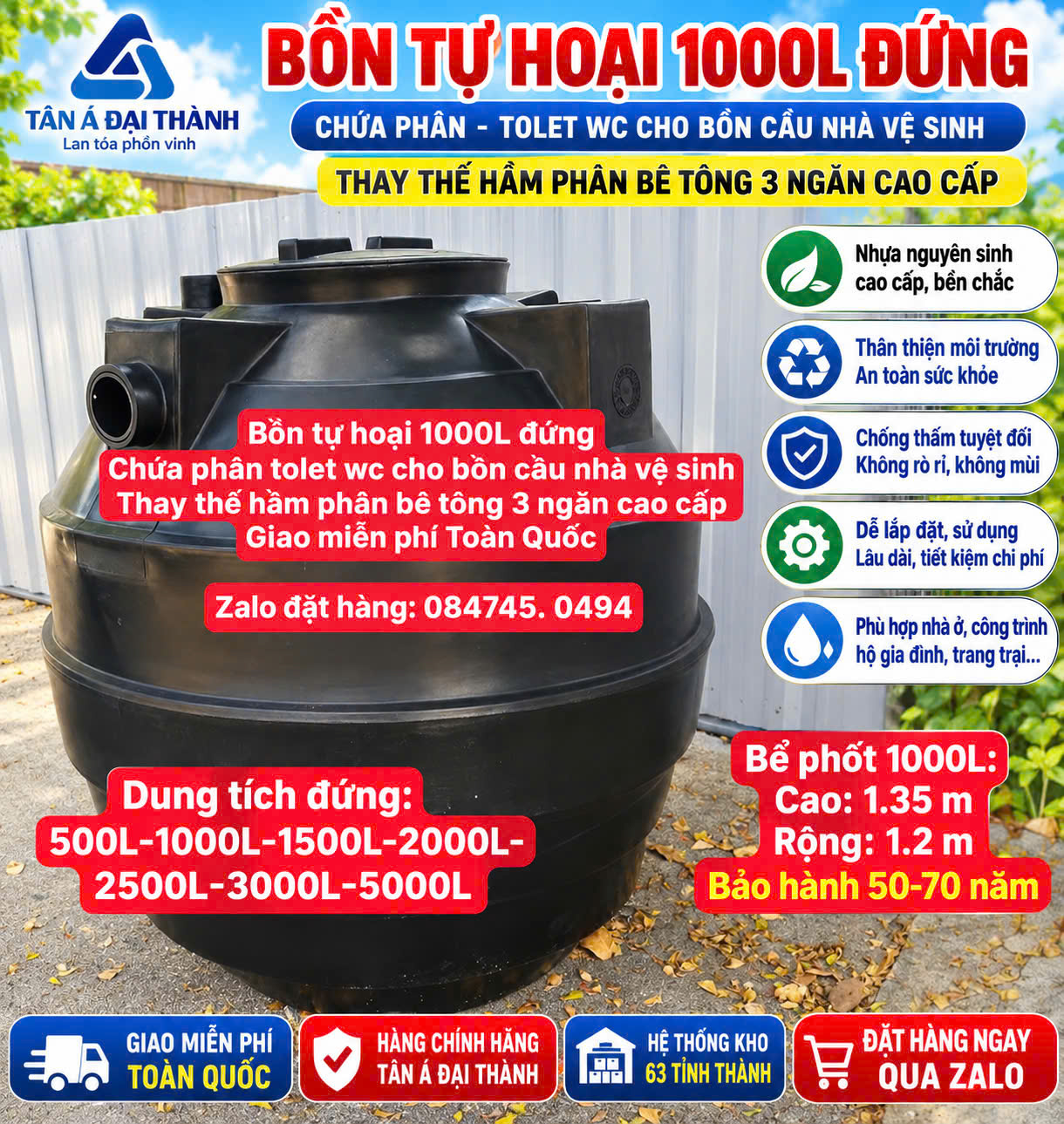 BỒN TỰ HOẠI 1000L ĐỨNG- BỂ PHỐT ĐẠI THÀNH 1 KHỐI ĐỨNG ĐỰNG PHÂN NHÀ VỆ SINH