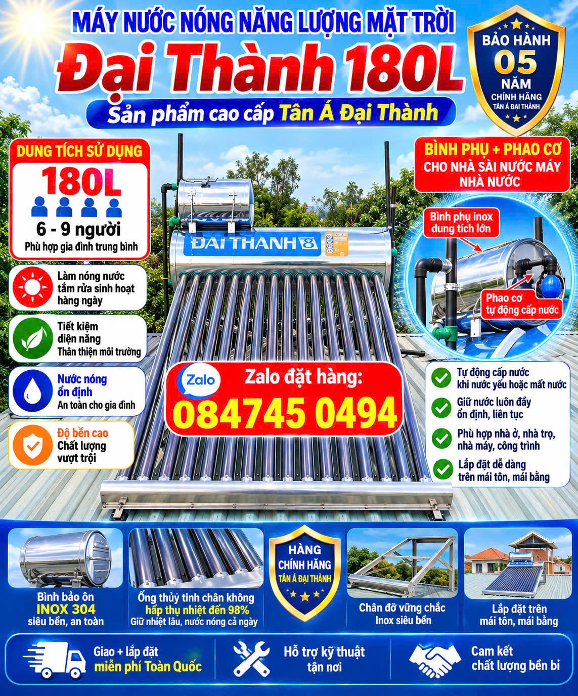 Bình nước nóng mặt trời 180l 180 lít đại thành 180 lít inox 304 cao cấp chính hãng cho gia đình 6-8 người sử dụng