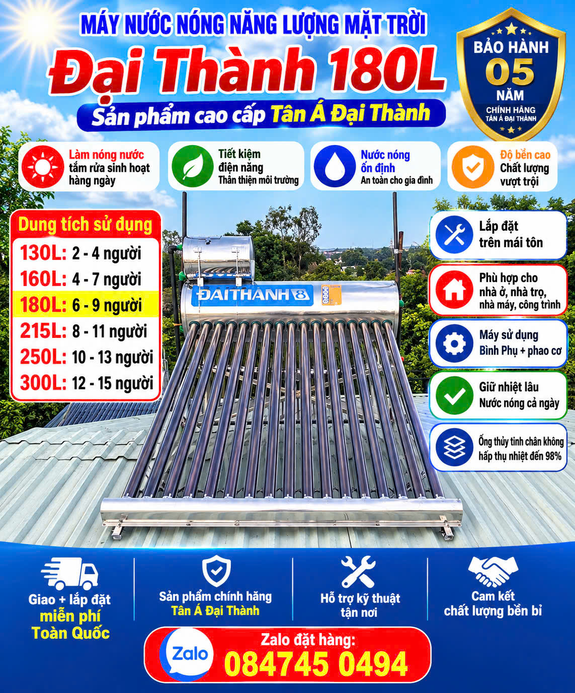 Máy nước nóng mặt trời 180l 180 lít đại thành 180 lít inox 304 cao cấp chính hãng cho gia đình 6-8 người sử dụng