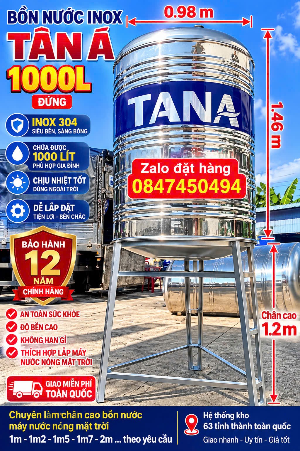Combo bồn nước inox và chân bồn inox cao 1m2- Bồn nước inox 304 1000 lít và chân cao 1m chân cao 1m2 chân cao 1m5 2m- Chân sắt cho bồn nước inox Tân á đại thành