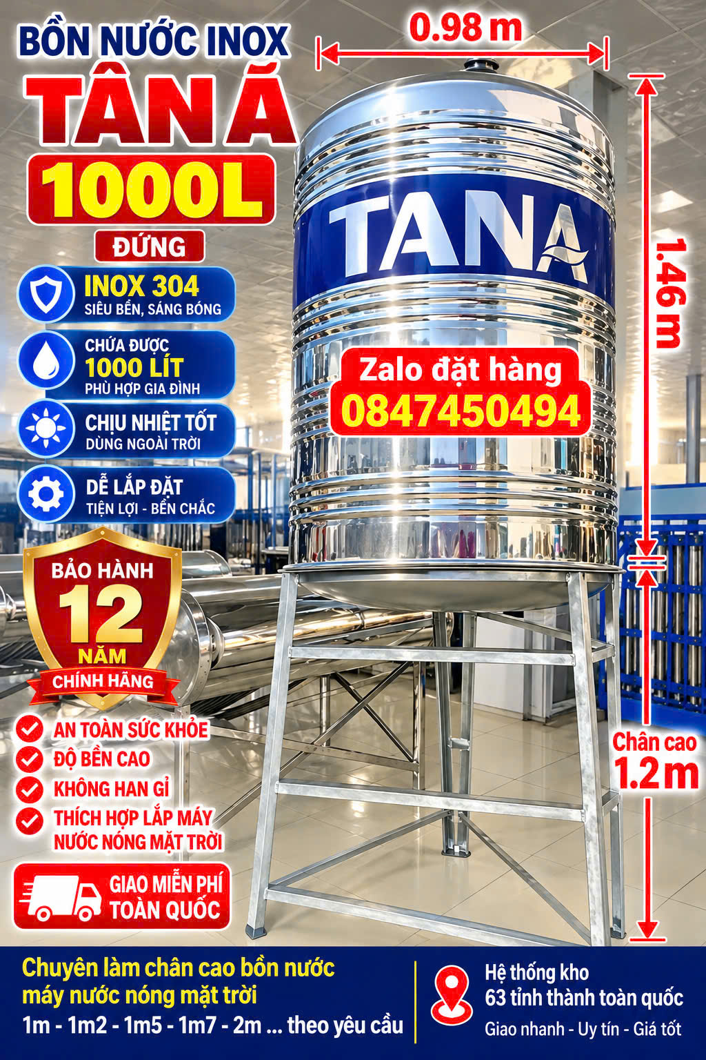 chân sắt cao 0,5m chân 1m chân inox 1m2 chân 1.5m chân 2m cho bồn inox 1000 lít bồn 1m3