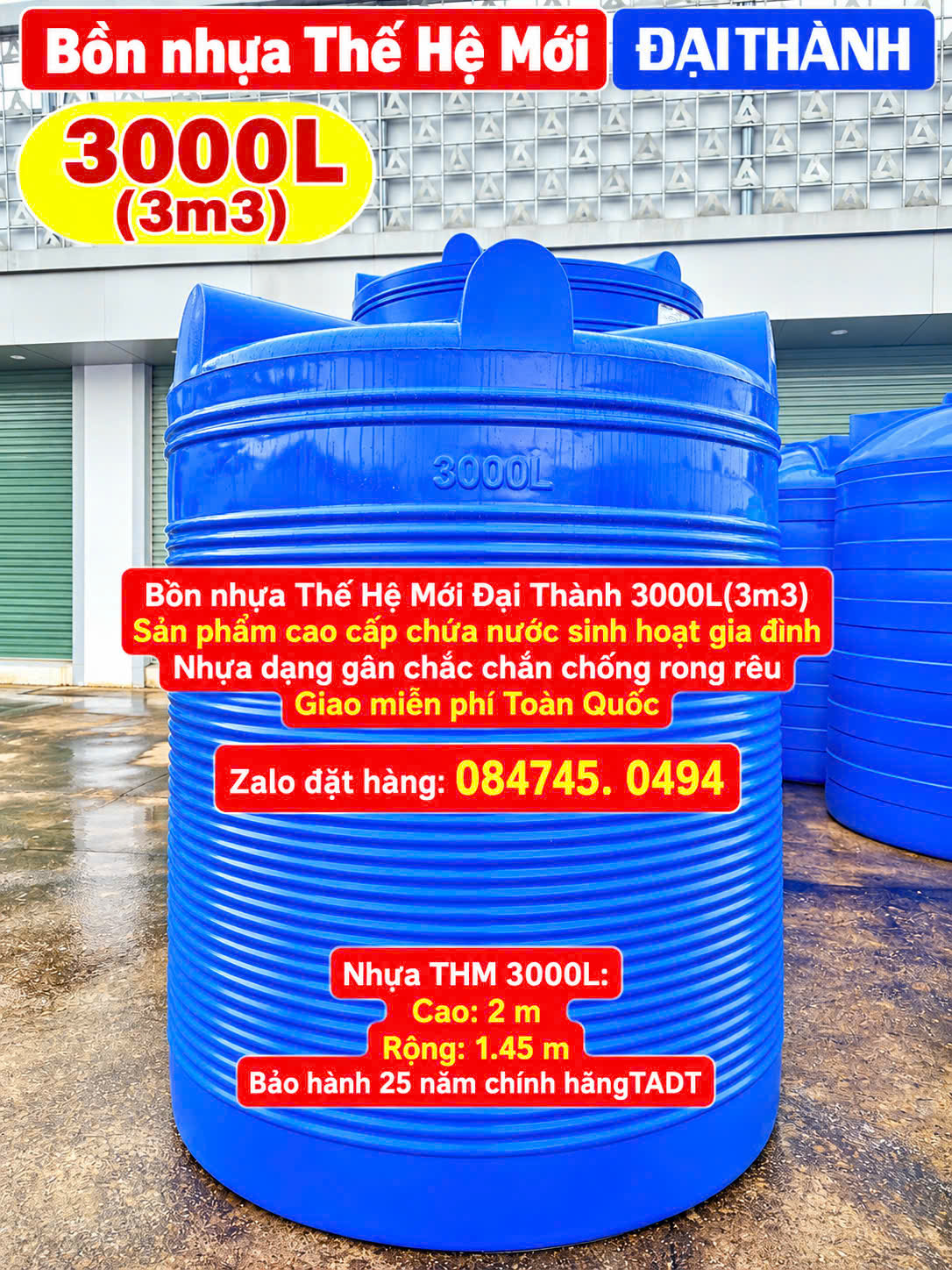 Bồn nhựa thế hệ mới 3000 lít 3000l đại thành chính hãng ren gân cao cấp bảo hành 25 năm