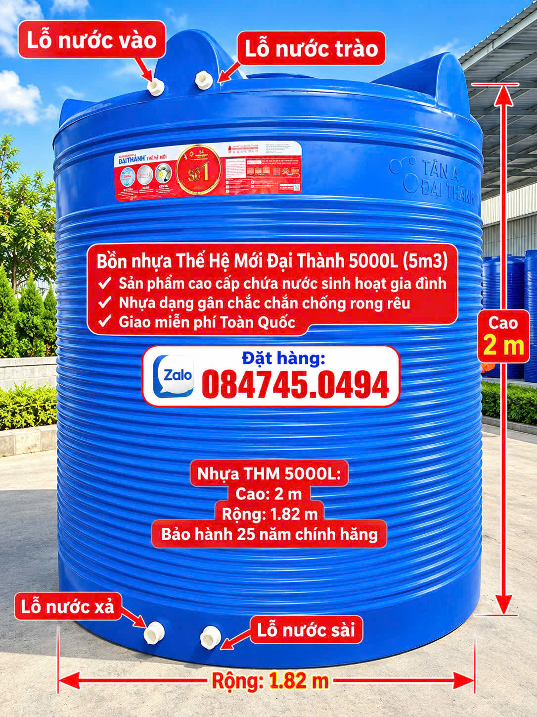 Bồn nhựa đại thành thế hệ mới chính hãng 5000l 5000 lít 5m3 5 khối đứng bh 25 năm giao miễn phí