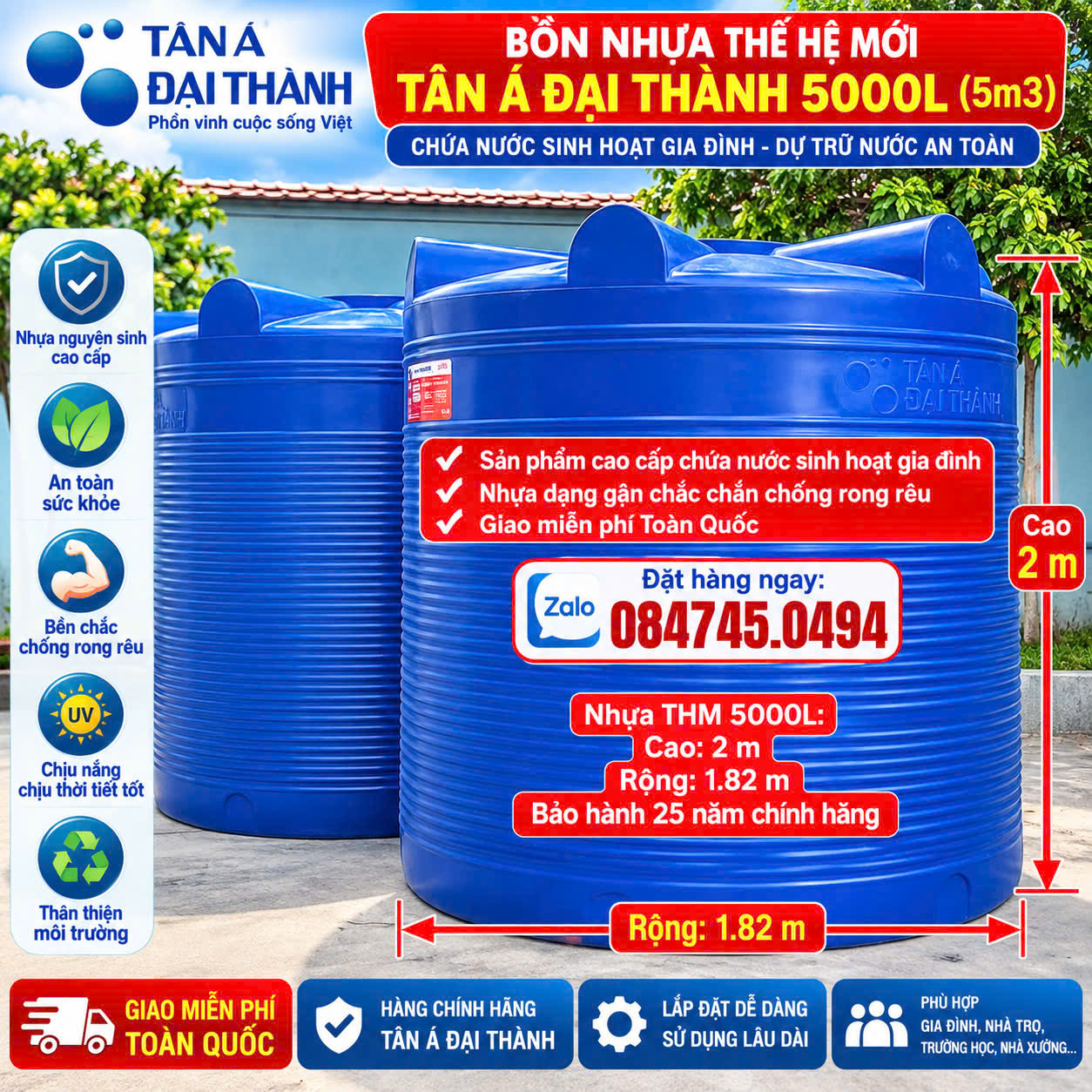 Bồn nhựa thế hệ mới 5000L 5000 lít đứng-Tét nước nhựa thế hệ mới đại thành 5 khối đứng-Téc nước 5000 lít đứng thm thế hệ mới gân đại thành