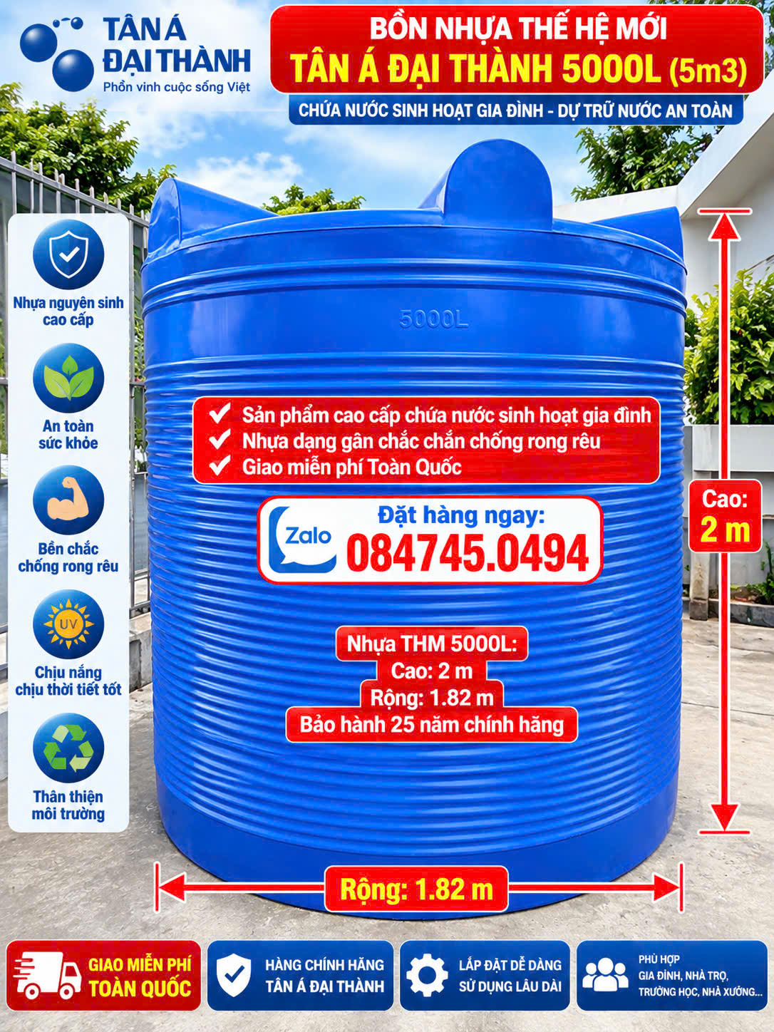 Téc nước 5000 lít 5m3 5 khối đứng thm thế hệ mới gân đại thành Bình nhựa 5khoi thm đại thành dạng gân cao cấp giao miễn phí toàn quốc