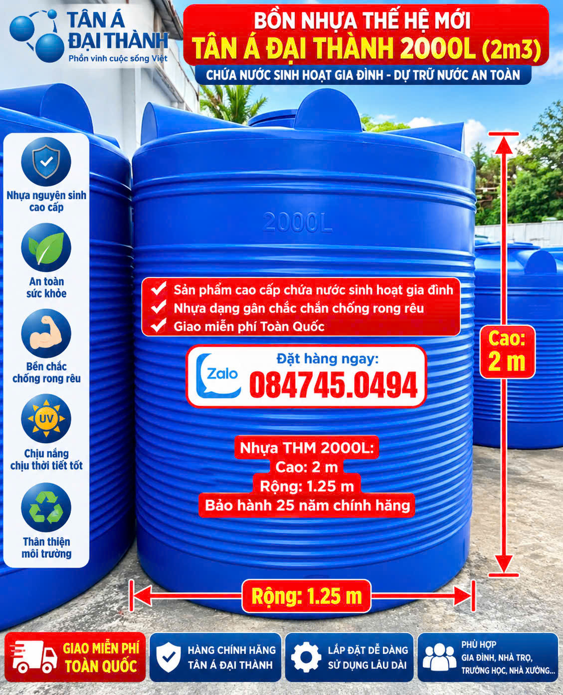 Bồn nhựa thế hệ mới 2000L 2000 lít đứng-Tét nước nhựa thế hệ mới đại thành 2 khối đứng-Téc nước 2000 lít đứng thm thế hệ mới gân đại thành