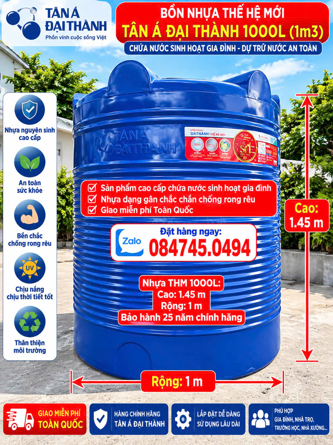 Tét nước nhựa thế hệ mới đại thành 2 khối đứng-Téc nước 2000 lít đứng thm thế hệ mới gân đại thành