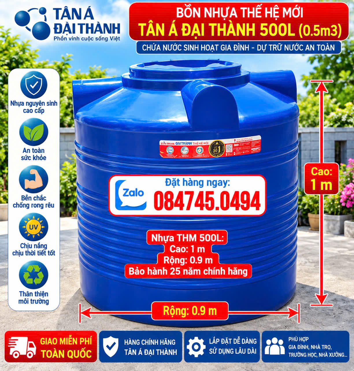 Bồn nhựa thế hệ mới 500L 500 lít đứng-Tét nước nhựa thế hệ mới đại thành 0.5 khối đứng-Téc nước 500 lít đứng thm thế hệ mới gân đại thành
