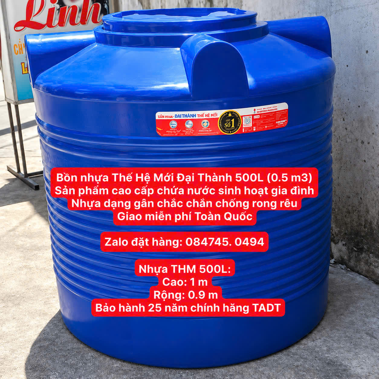 Bồn nhựa thế hệ mới 500 lít 500l 0,5 khối 0.5m3 đứng dạng gân cao cấp bh 25 năm giao miễn phí