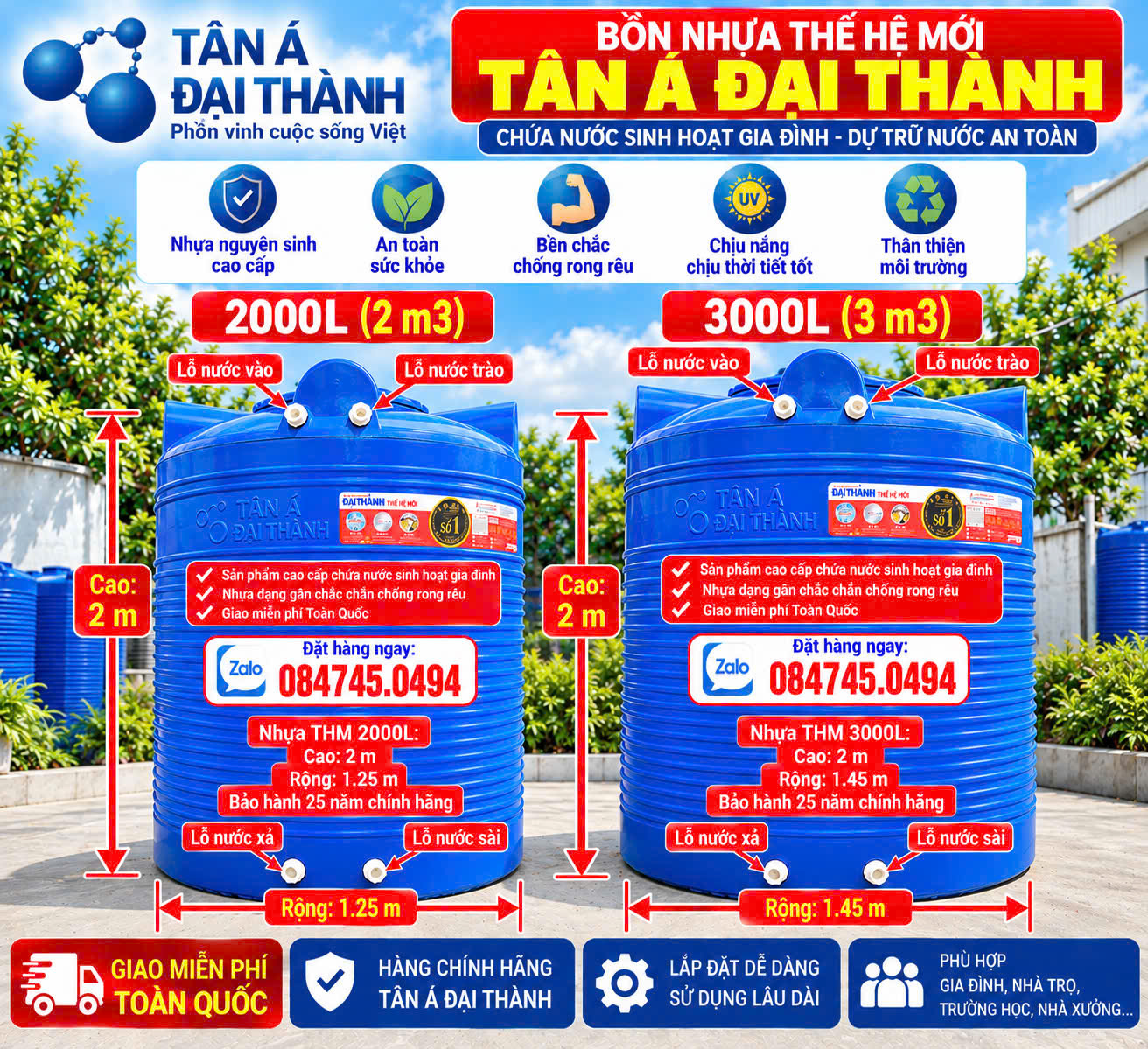 Thùng nhựa thế hệ mới nhất 3m3 3 khối 3000l 3000 lít đứng tân á đại thành
