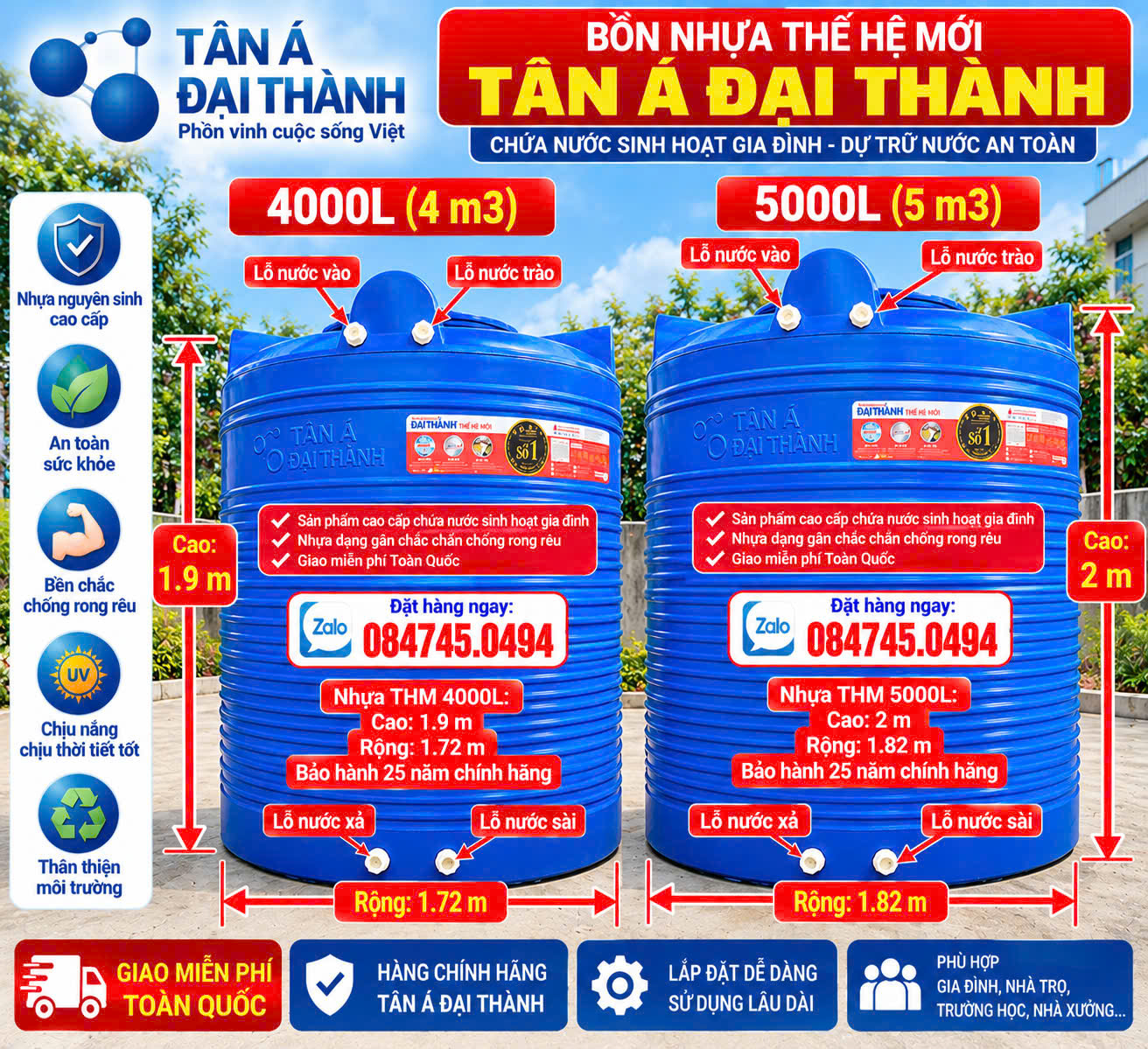 Thùng nhựa 5000 lít 5000l đứng thế hệ mới tân á đại thành giao miễn phí toàn quốc